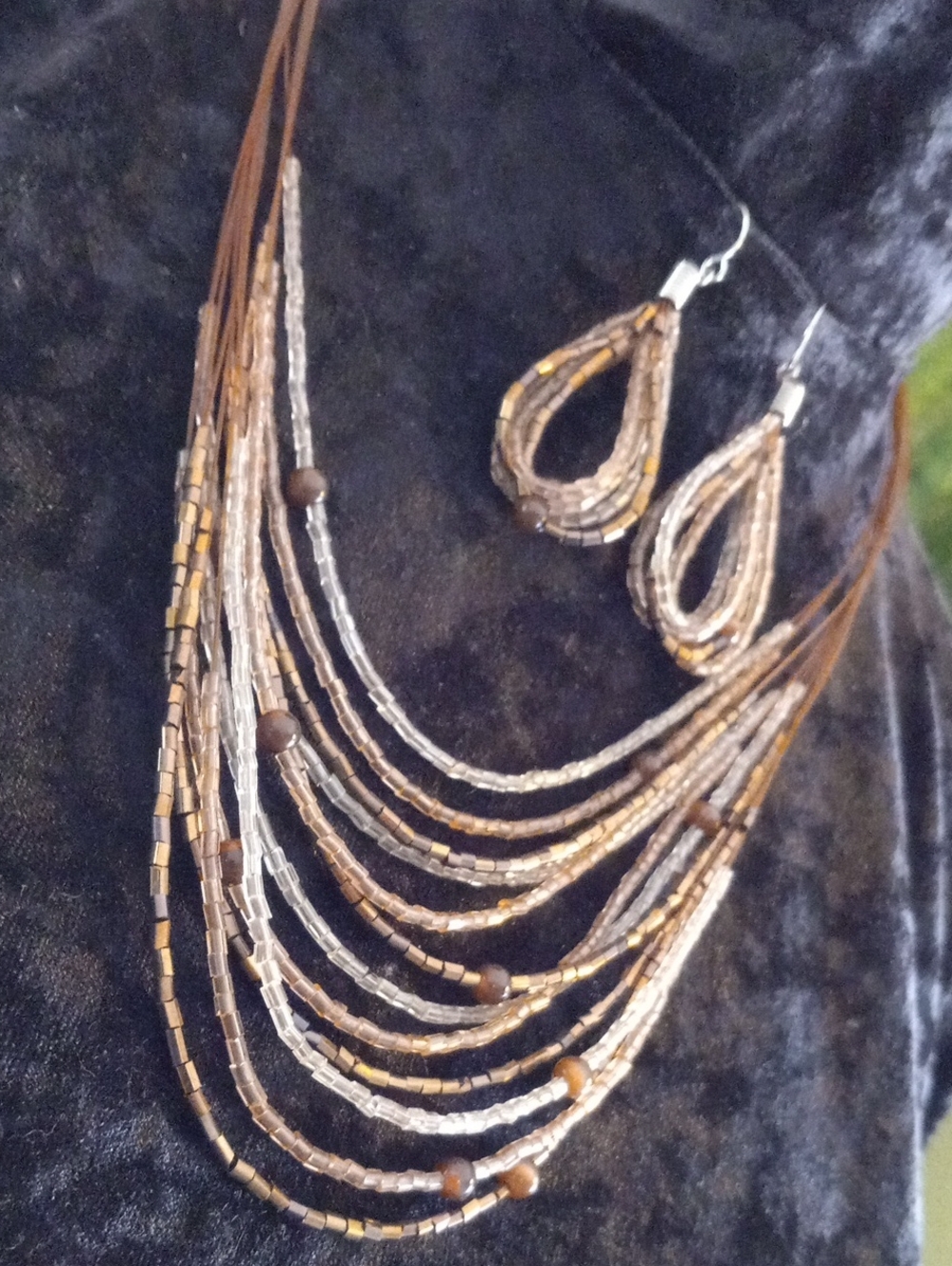 Layered Brown & Gold Seed Beaded Necklace and Earrings